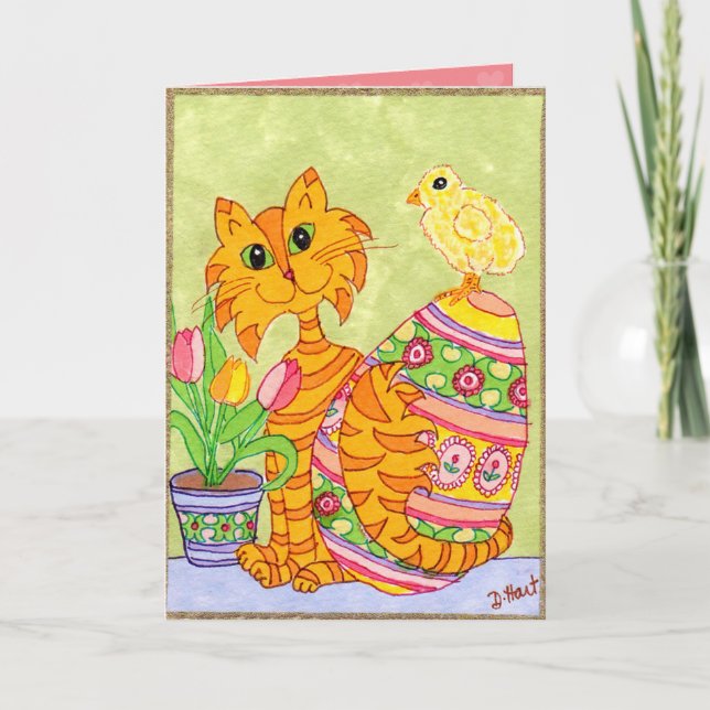 Cartes Pour Fêtes Annuelles Chat et poussin avec l'art populaire Pâques (Devant)