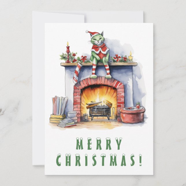 Cartes Pour Fêtes Annuelles Chat Funky sur cheminée Joyeux Noël (Devant)
