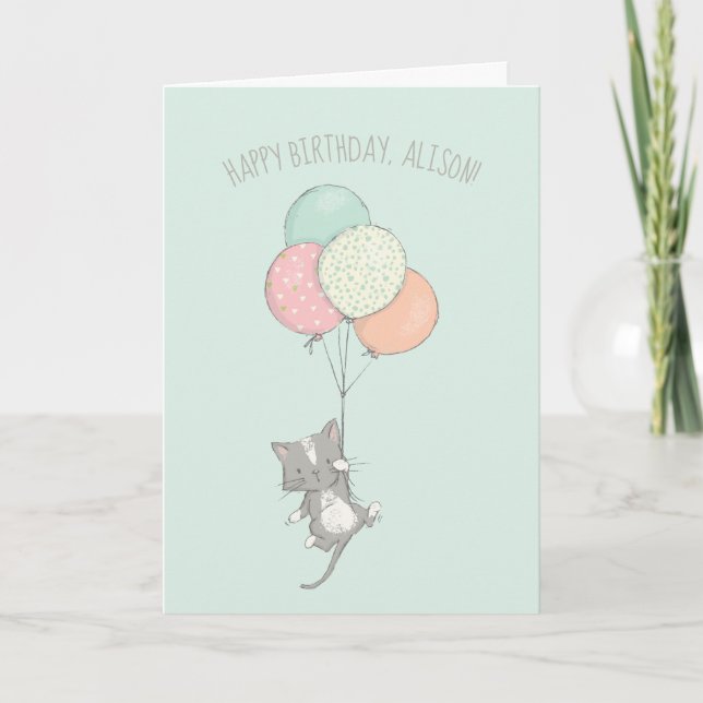 Cartes Pour Fêtes Annuelles Chat gris doux avec ballons Anniversaire personnal (Devant)