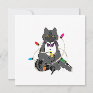 Cartes Pour Fêtes Annuelles Chat Gris Enveloppé Dans Les Lumières De Noël