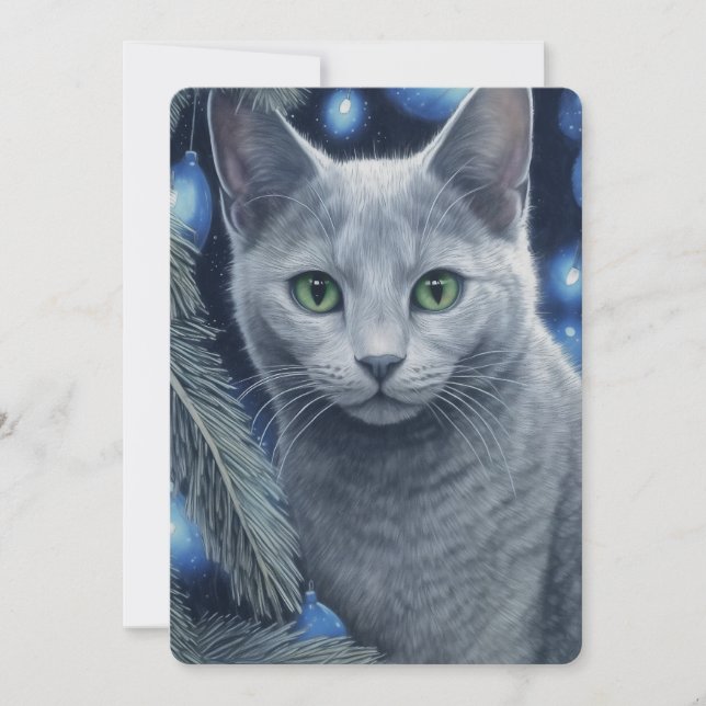 Cartes Pour Fêtes Annuelles Chat gris russe bleu Noël ou Hanoukka  (Devant)