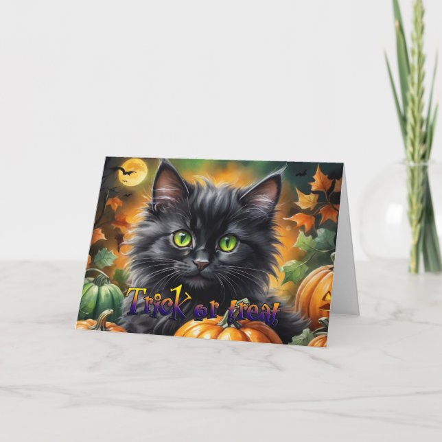 Cartes Pour Fêtes Annuelles Chat heureux d'Halloween avec citrouille (Devant)