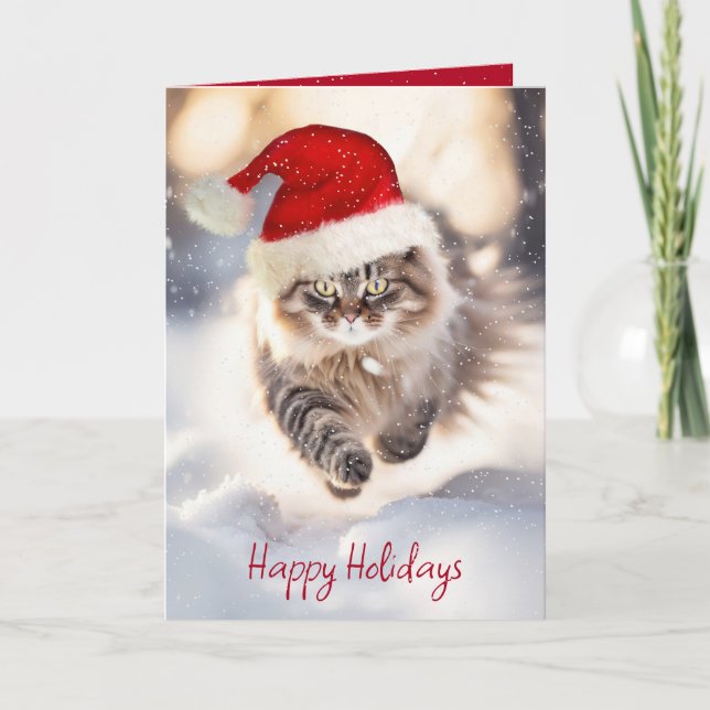 Cartes Pour Fêtes Annuelles Chat Maine Coon Avec Chapeau Santa (Devant)