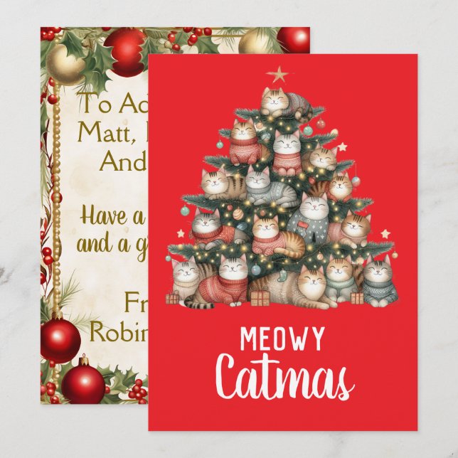 Cartes Pour Fêtes Annuelles Chat Meowy Catmas Arbre de Noël (Devant / Derrière)