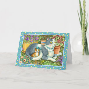 CARTES POUR FÊTES ANNUELLES CHAT MÈRE ET CUISINE, FLEURS POTÉES, BOWS & LACE