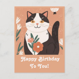 Cartes Pour Fêtes Annuelles Chat mignon avec Fleurs Joyeux Anniversaire Person