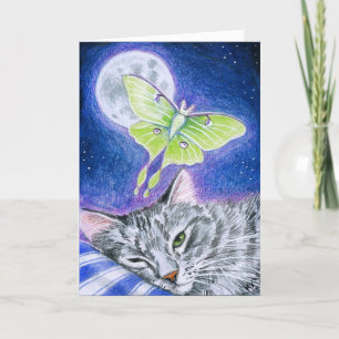 Cartes Pour Fêtes Annuelles Chat mignon de sommeil avec la mite de Luna