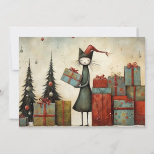 Cartes Pour Fêtes Annuelles Chat mignon Whimsical avec cadeaux de Noël et arbr