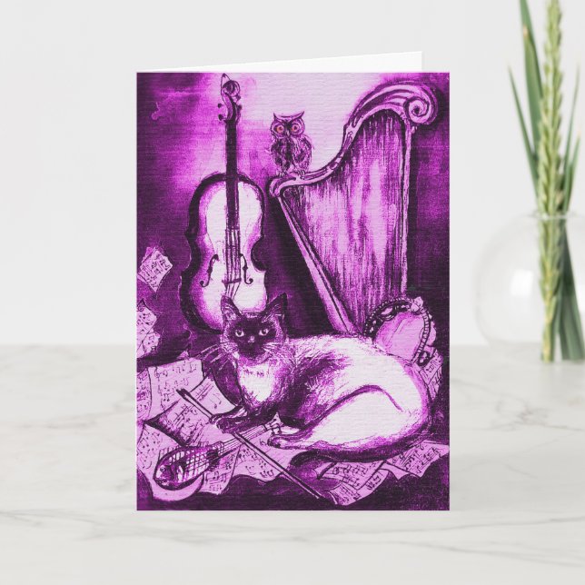 Cartes Pour Fêtes Annuelles CHAT MUSICAL ET OWL, Violet violet et blanc (Devant)