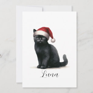 Cartes Pour Fêtes Annuelles Chat noir aquarelle en Festive Santa Hat Card