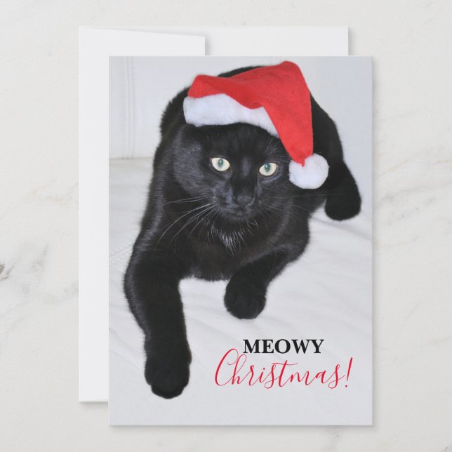 Cartes Pour Fêtes Annuelles Chat noir avec chapeau de Père Noël Rouge (Devant)