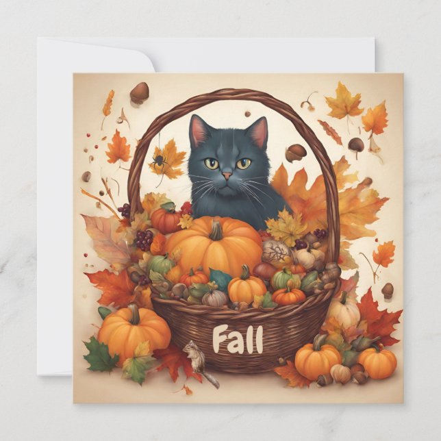 Cartes Pour Fêtes Annuelles Chat noir avec panier de récolte d'automne Brown (Devant)