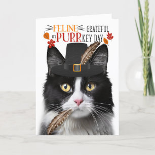 Cartes Pour Fêtes Annuelles Chat noir blanc Tuxedo Grateful PURRkey Day