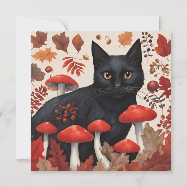 Cartes Pour Fêtes Annuelles Chat noir dans la forêt d'automne (Devant)