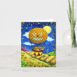 Cartes Pour Fêtes Annuelles CHAT NOIR DANS L'AIR CHAUD BALLON FOLK ART Blanc