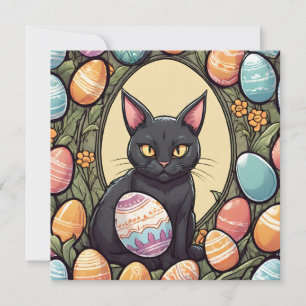 Cartes Pour Fêtes Annuelles Chat noir de Pâques et oeufs peints