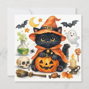 Cartes Pour Fêtes Annuelles Chat noir d'Halloween en costume à l'aquarelle 