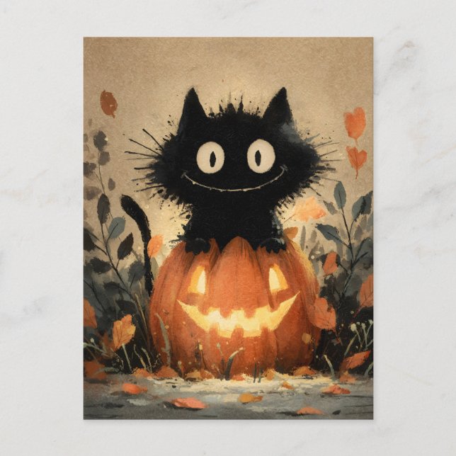 Cartes Pour Fêtes Annuelles Chat noir d'Halloween mignonne sur une Jack-o'lant (Devant)