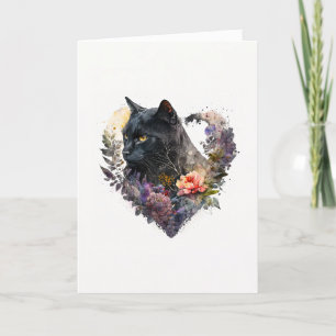 Cartes Pour Fêtes Annuelles Chat noir doux en fleurs violettes Saint-Valentin