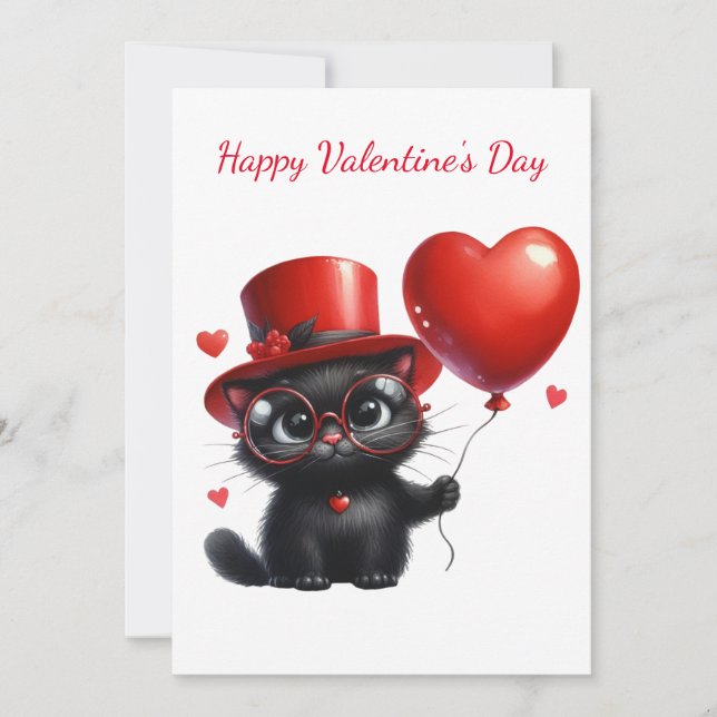 Cartes Pour Fêtes Annuelles Chat noir drôle avec ballons Saint-Valentin (Devant)