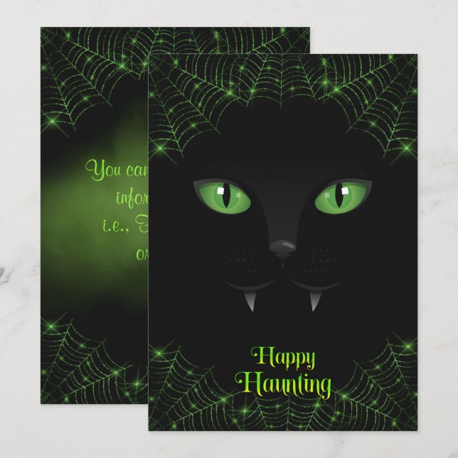 Cartes Pour Fêtes Annuelles Chat noir Halloween Toiles Vertes (Devant / Derrière)