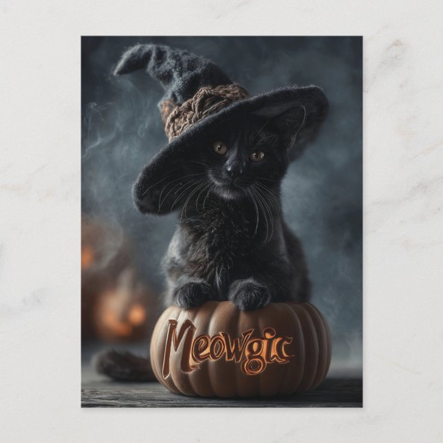 Cartes Pour Fêtes Annuelles Chat noir "méowgic" éffrayant dans un Casquette so (Devant)