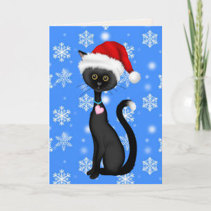 Cartes Pour Fêtes Annuelles Chat noir mignon, chapeau de Santa et flocons de n