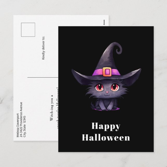 Cartes Pour Fêtes Annuelles Chat noir mignon portant l'Halloween Casquette d'u (Devant / Derrière)