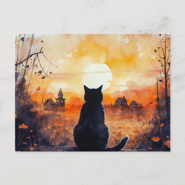 Cartes Pour Fêtes Annuelles Chat noir pleine lune quitte le pays Halloween (Devant)