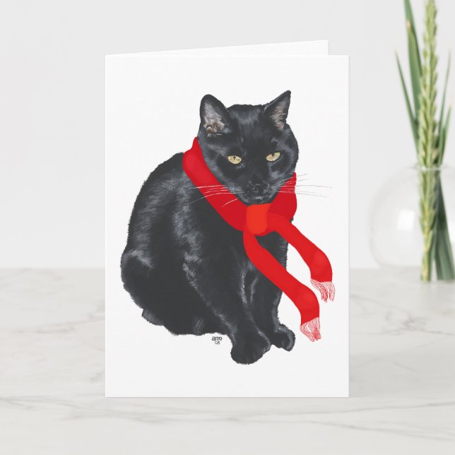 Cartes Pour Fêtes Annuelles Chat noir se réchauffant à Noël (Devant)