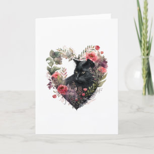 Cartes Pour Fêtes Annuelles Chat noir sucré dans le coeur des fleurs Saint-Val