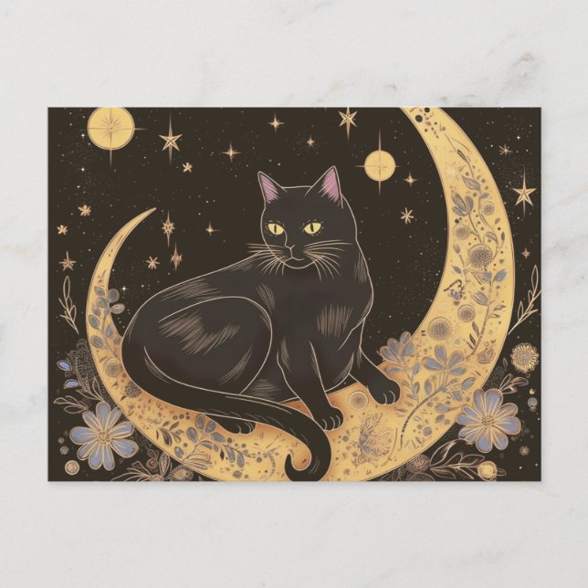 Cartes Pour Fêtes Annuelles Chat noir sur Crescent Lune Halloween en or noir (Devant)