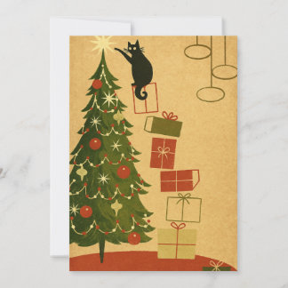 Cartes Pour Fêtes Annuelles Chat noir vintage décorant un arbre de Noël