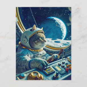 Cartes Pour Fêtes Annuelles Chat orange dans un cockpit avec des planètes à l'