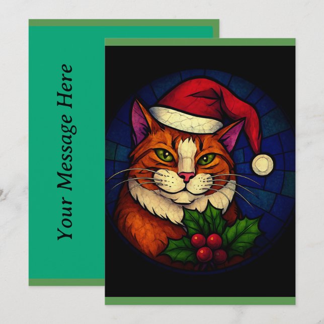 Cartes Pour Fêtes Annuelles Chat orange tabby de Noël en vitrail (Devant / Derrière)