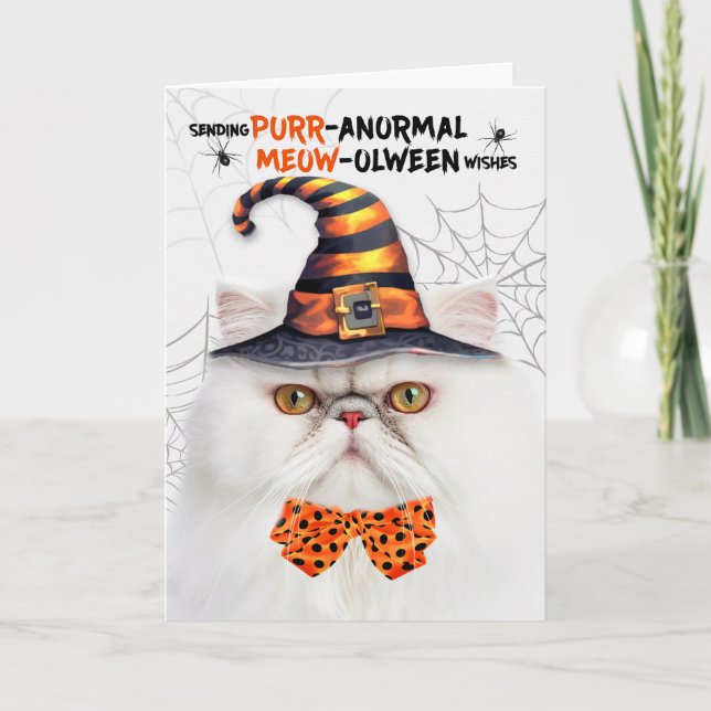 Cartes Pour Fêtes Annuelles Chat persan blanc PURRanormal MEOWolween (Devant)