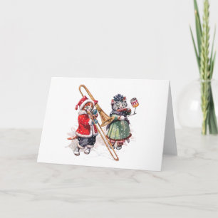 Cartes Pour Fêtes Annuelles Chat Plays Trombone dans la neige