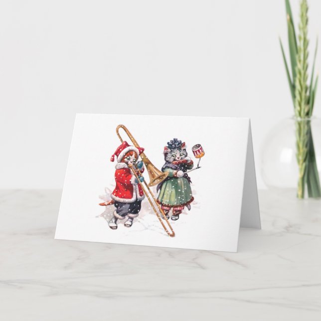 Cartes Pour Fêtes Annuelles Chat Plays Trombone dans la neige (Devant)