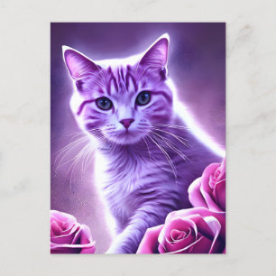 Cartes Pour Fêtes Annuelles Chat pourpre appelé Lavender avec roses