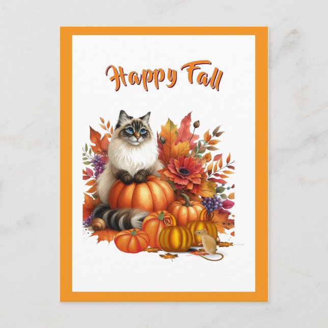 Cartes Pour Fêtes Annuelles Chat Ragdoll et Citrouille Bonne Chute (Devant)