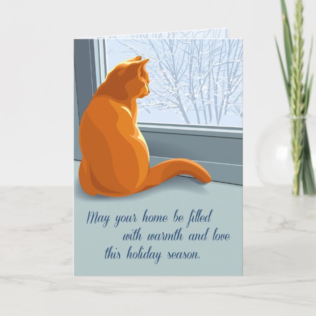 Cartes Pour Fêtes Annuelles Chat regarde par la fenêtre la neige hivernale (Devant)