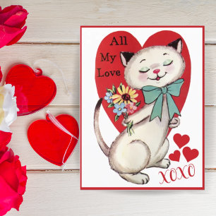 Cartes Pour Fêtes Annuelles Chat Retro vintage avec Fleurs Saint-Valentin
