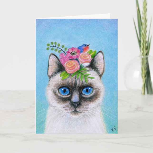 Cartes Pour Fêtes Annuelles Chat siamois mignon avec le casquette de fleur (Devant)