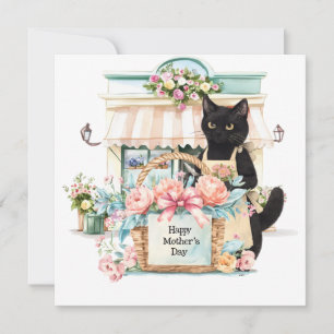 Cartes Pour Fêtes Annuelles Chat smoking avec la fête des mères Fleur panier 