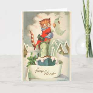 Cartes Pour Fêtes Annuelles Chat sur cheminée - France 1900 #X006