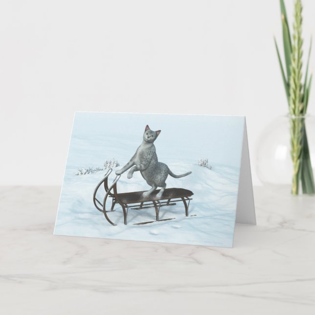 Cartes Pour Fêtes Annuelles Chat sur un traîneau (Devant)