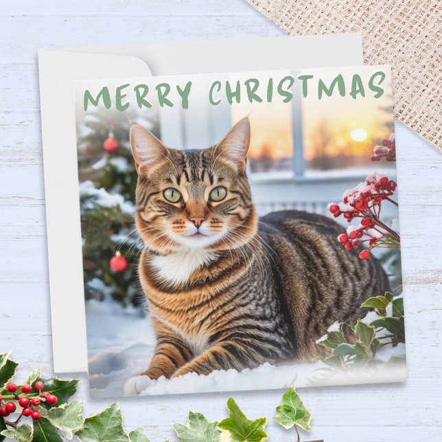 Cartes Pour Fêtes Annuelles Chat Tigré Dans La Neige Joyeux Noël Élégant (A Christmas card featuring a cute tabby cat in the snow, with ivy, Christmas tree and red berries
)