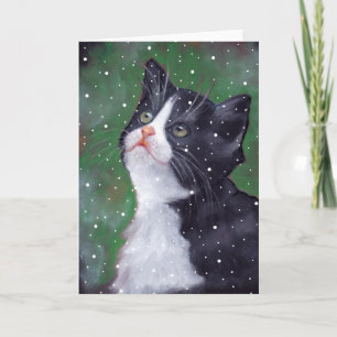 Cartes Pour Fêtes Annuelles Chat Tuxedo Regardant Les Flammes De Neige, Art