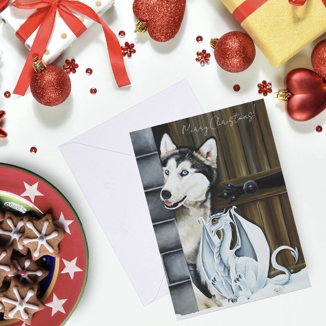 Cartes Pour Fêtes Annuelles Château Dragon Fantaisiste de Chien Husky d'Hiver  (Créateur téléchargé)