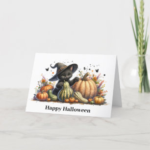 Cartes Pour Fêtes Annuelles Chaton de sorcière noire Halloween W/ Gourds Citro